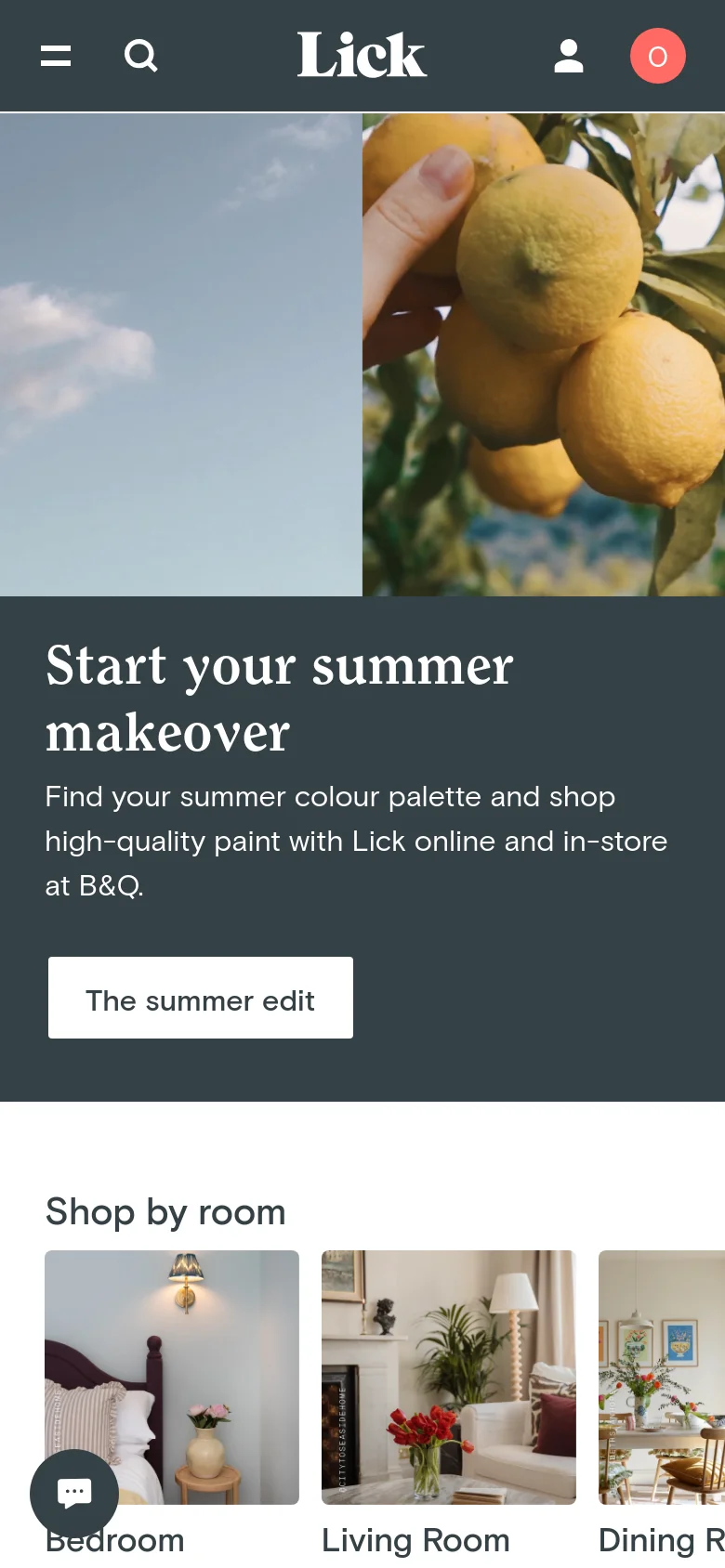 The mobile version features a vertically stacked layout with the split hero image at the top. The 'Start your summer makeover' headline and 'The summer edit' button are positioned below the image on a dark background. The 'Shop by room' section follows, displaying room category images in a single-column scrollable format.
