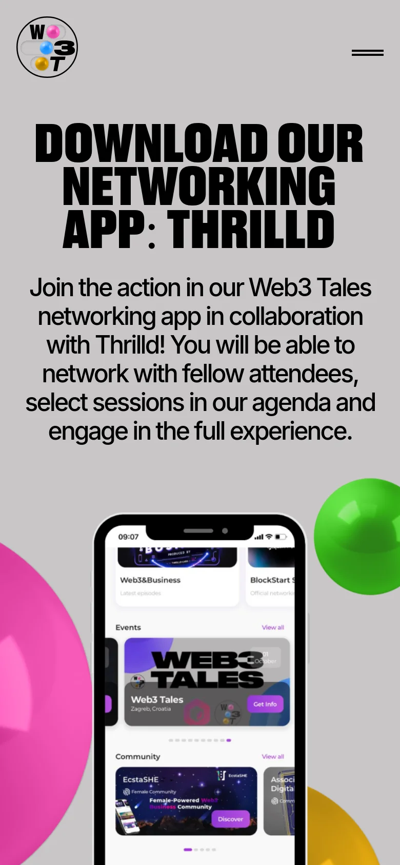 The mobile version presents a simplified vertical layout with the same bold black headline and descriptive text. The navigation menu is collapsed into a hamburger icon at the top right, and the large decorative spheres and smartphone image are stacked vertically to fit the narrow screen width.