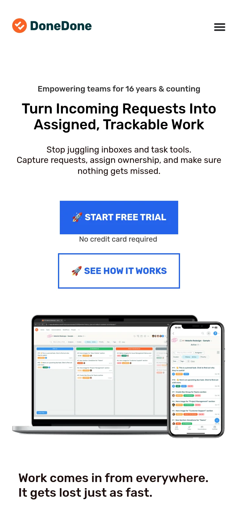 The mobile version uses a single-column layout with a condensed navigation menu represented by a hamburger icon. The hero text and call-to-action buttons are stacked vertically to fit the narrow screen, and the software demonstration graphic is scaled down to fit the width of the device.