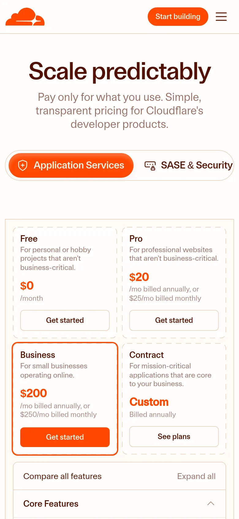 The mobile version presents a vertically stacked layout where the product category navigation and pricing cards are resized for a narrow screen. The 'Scale predictably' hero section is centered, and the pricing cards appear one after another in a single column to ensure readability, with the 'Business' card highlighted by an orange background.