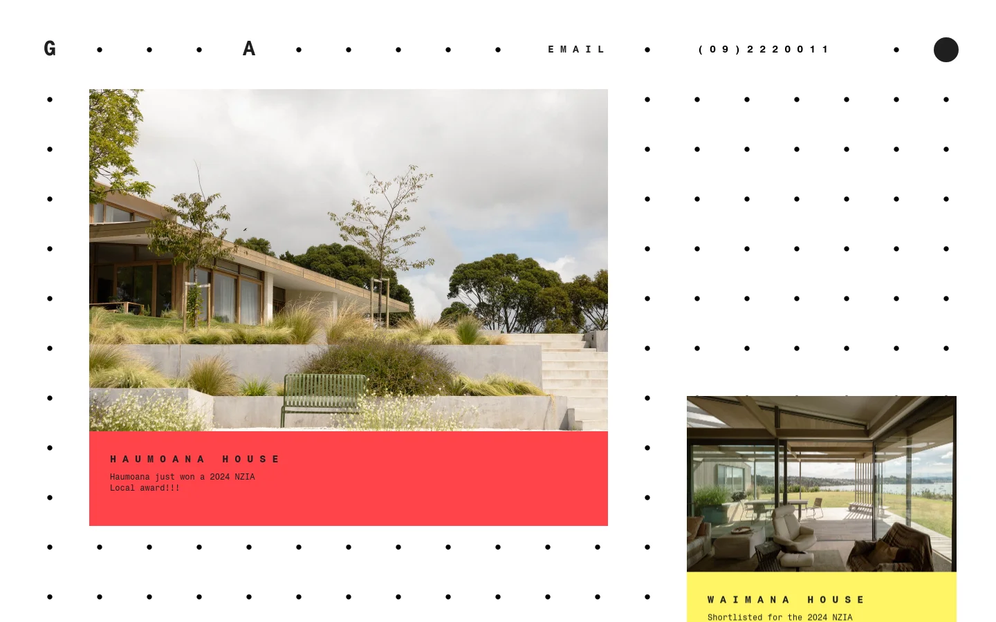 The Glamuzina Architects homepage features a minimalist white layout with a grid of black dots and large architectural project photos. The hero section displays a large image of the Haumoana House with a bright red text overlay, followed by other project tiles like Waimana House. Navigation and contact details are presented in a stylized, spaced-out text format at the top.
