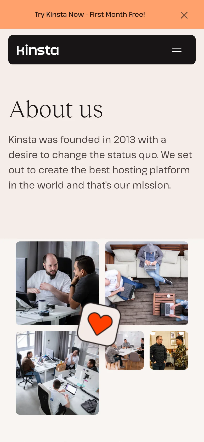 The mobile version presents a simplified vertical layout with the 'About us' headline and text at the top, followed by a grid of team photos. The navigation is condensed into a dark header containing the Kinsta logo and a hamburger menu icon, while the large orange bar graphic from the desktop version is removed to prioritize content.