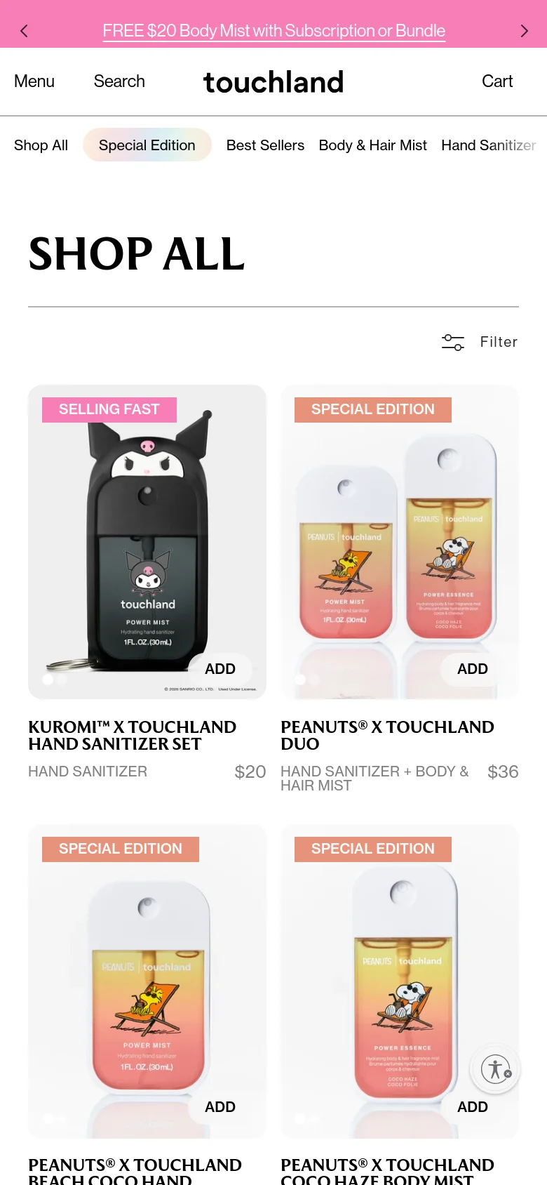 The mobile version presents a simplified, single-column view of the product grid to optimize vertical scrolling. The 'SHOP ALL' heading is prominent, followed by a filter icon and a horizontal navigation menu for categories like 'Special Edition' and 'Best Sellers'. Product cards are stacked vertically, showing high-quality images of the sanitizers and mists with clear pricing and 'ADD' buttons.