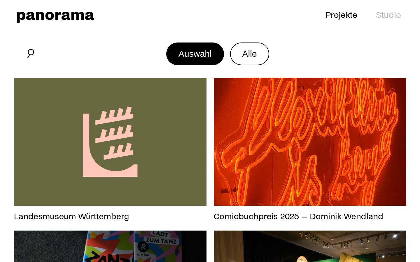 The 'Projekte' page features a minimalist white layout with the 'panorama' logo in the top left and navigation links on the right. A search icon and two pill-shaped filter buttons, 'Auswahl' and 'Alle', sit above a multi-column grid of project tiles consisting of large images and bold black headlines.