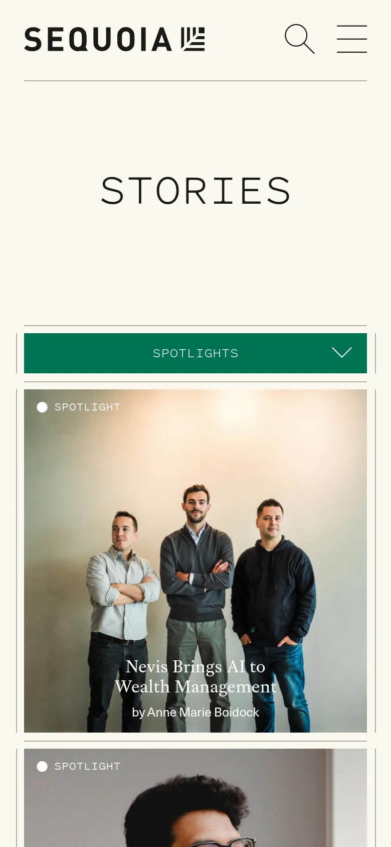 The mobile version maintains the cream background and centered 'STORIES' headline but uses a condensed header with a hamburger menu and search icon. The category navigation is transformed into a single, full-width dropdown menu labeled 'SPOTLIGHTS'. The article cards are stacked vertically in a single column, showing large images with text overlays for the headline and author.