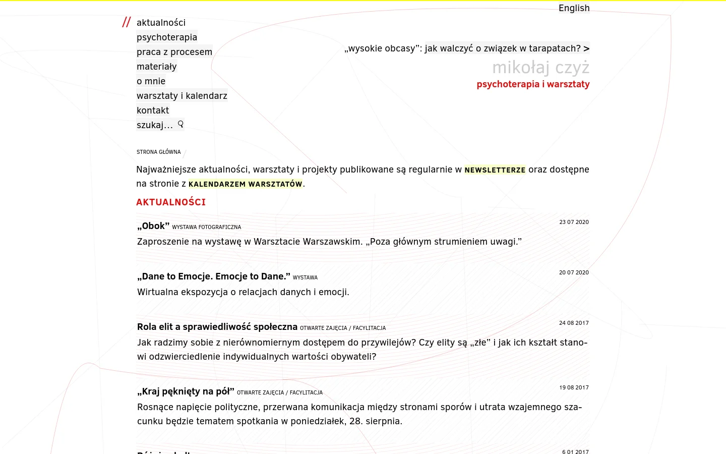 The desktop version of the 'Aktualności' page features a minimalist, clean design with a white background and thin grey geometric lines. A navigation menu is on the left, and the main content area displays a list of news items and events with dates, headlines, and short descriptions in black text. The branding 'mikołaj czyż' is prominently displayed in red in the upper right area.