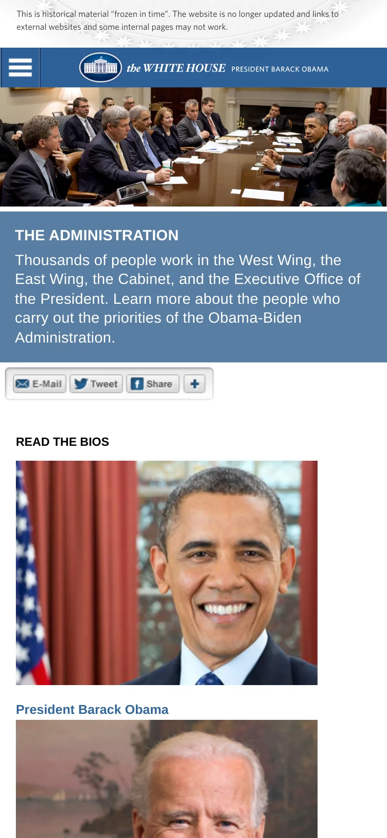 The mobile version presents a vertically stacked layout, starting with the large meeting hero image and a blue descriptive text block. The 'Read the Bios' section follows, displaying large portrait images of the administration leaders in a single-column format. Navigation is condensed into a hamburger menu at the top, and social sharing buttons are prominently placed below the hero section.