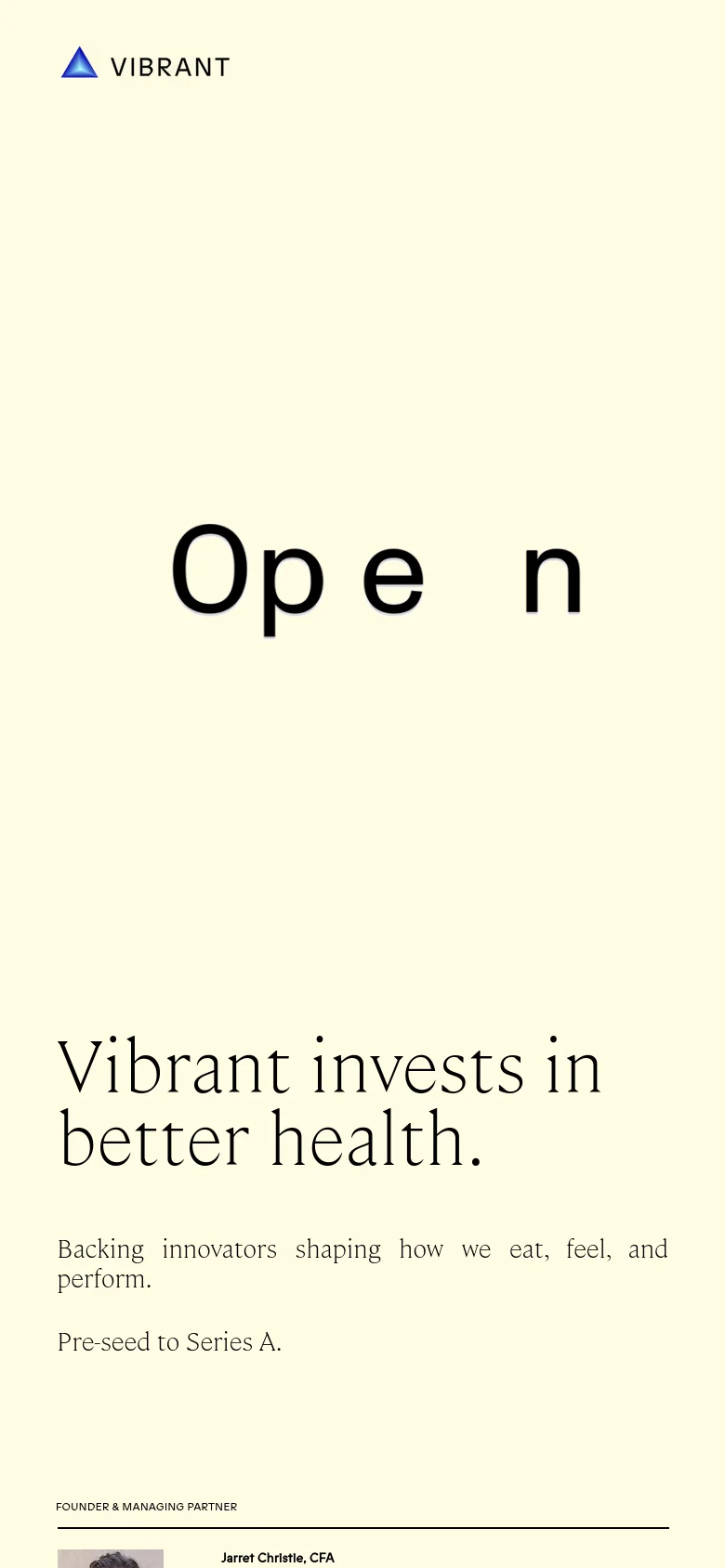 The mobile version maintains the cream background and minimalist aesthetic but uses a vertical stack for content. The large 'Open' text dominates the upper screen, followed by the primary headline and subtext, with the founder's section beginning at the bottom of the view.