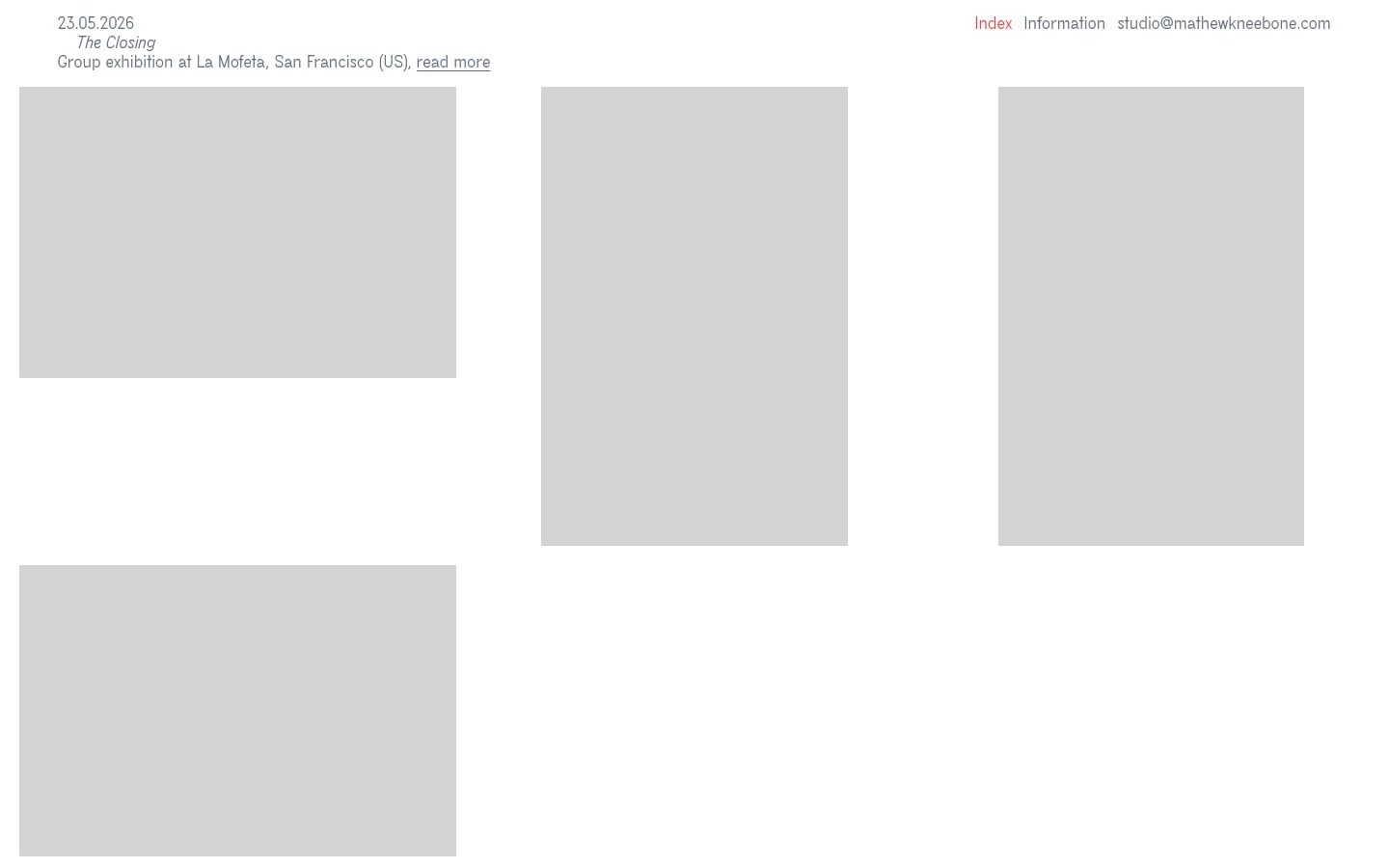 The desktop website features a minimalist white layout with a header containing the name Mathew Kneebone and navigation links. A chronological list of exhibitions and performances is displayed, interspersed with a grid of large, grayscale abstract photographic images. The design uses clean typography and ample white space.