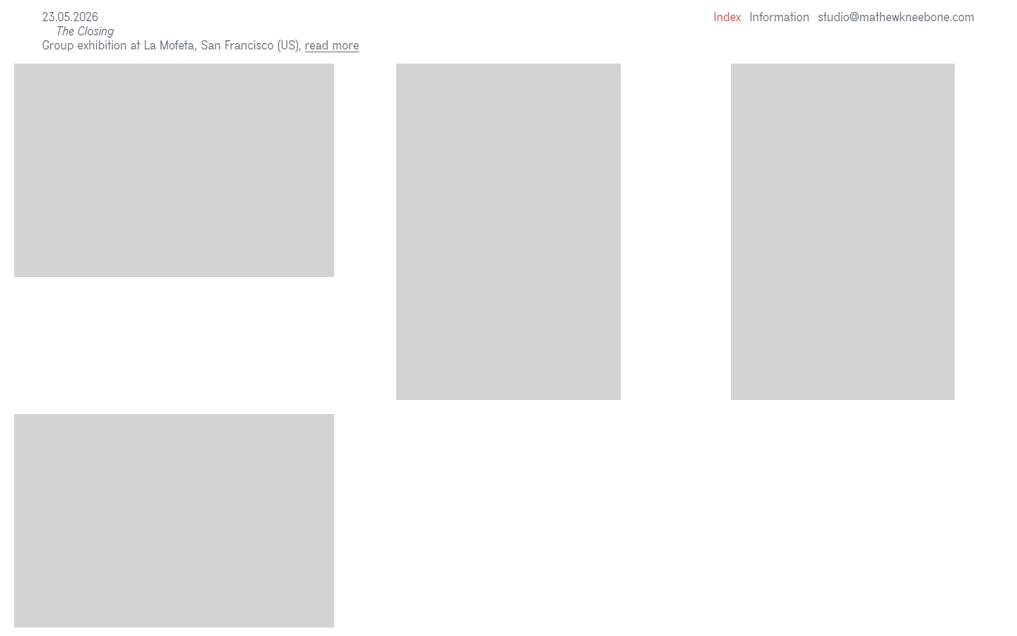 The desktop website features a minimalist white layout with a header containing the name Mathew Kneebone and navigation links. A chronological list of exhibitions and performances is displayed, interspersed with a grid of large, grayscale abstract photographic images. The design uses clean typography and ample white space.