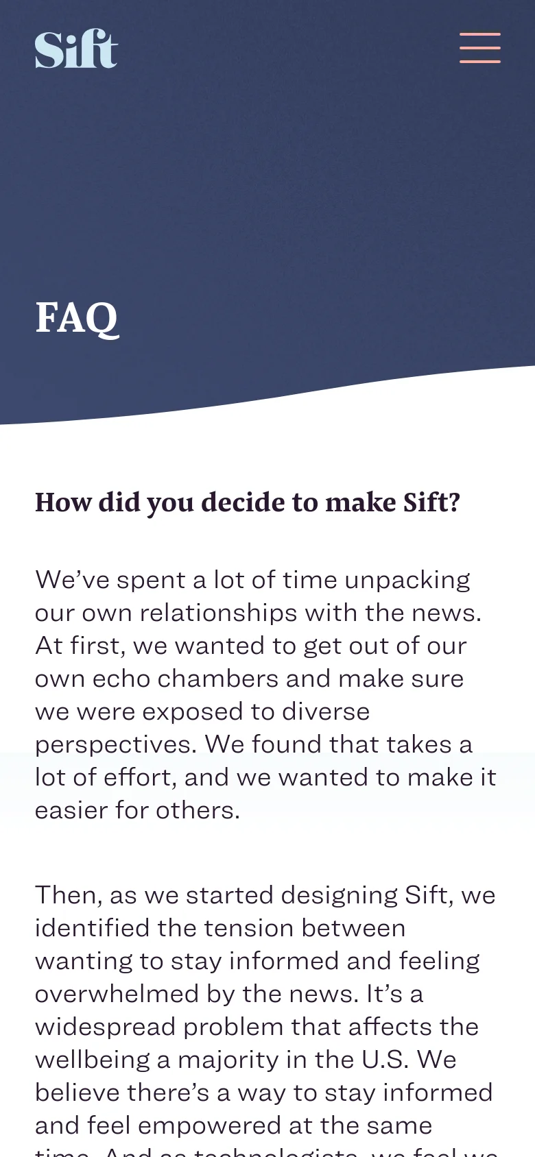 The mobile version simplifies the layout with a hamburger menu icon on the right and the Sift logo on the left. The dark blue hero section contains the large 'FAQ' title, followed by a single-column white section containing the text-based questions and answers.