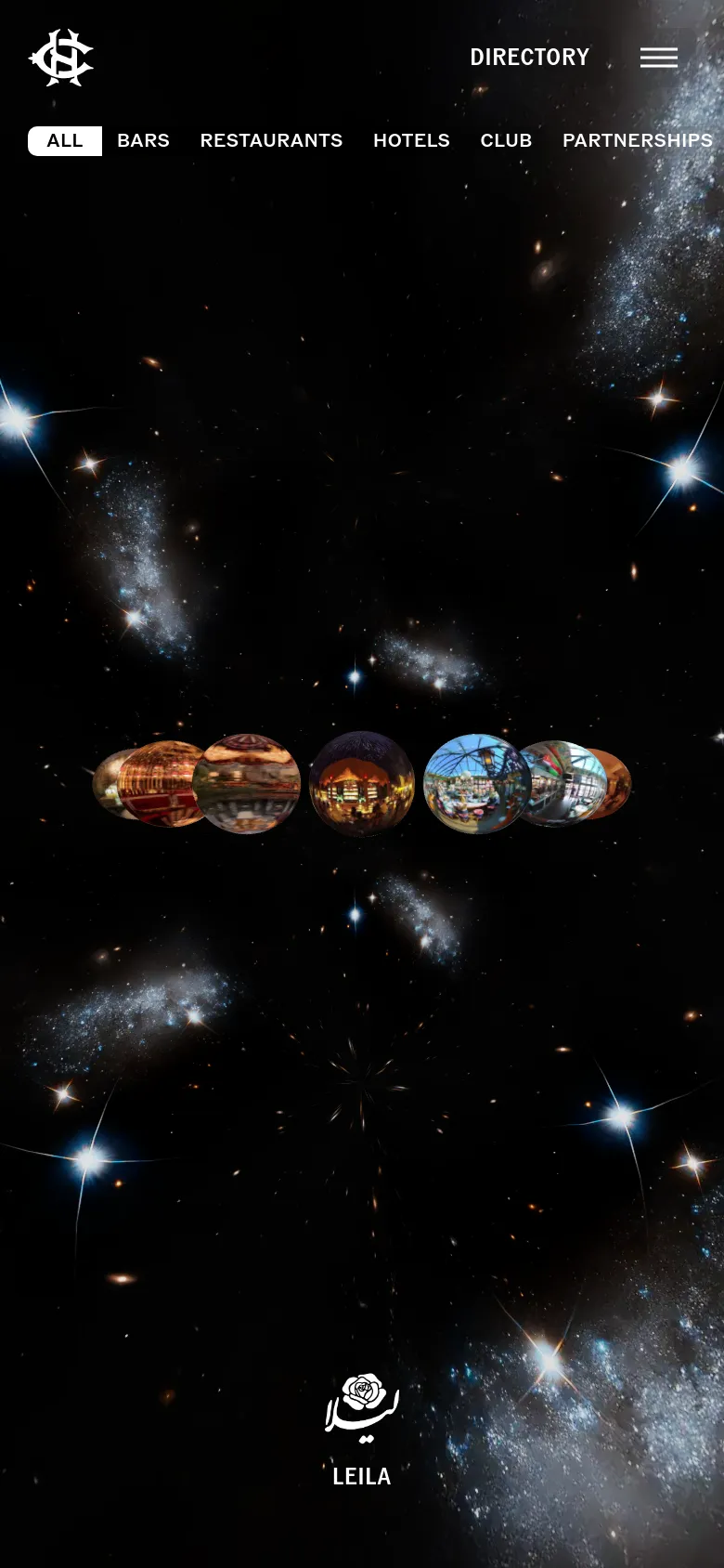 The mobile version of the projects page features a vertical layout with a large logo and a hamburger menu icon at the top. The navigation links are arranged in a multi-line grid below the header. The cosmic background remains, but the project preview orbs are scaled down and arranged in a single horizontal row above a featured project label at the bottom.