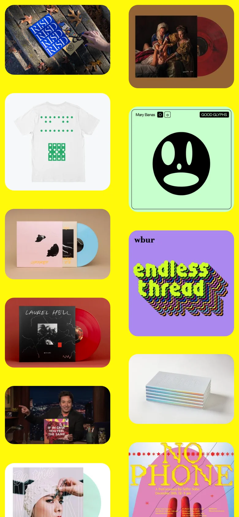 The mobile version presents the same content in a single-column vertical stack, prioritizing large, full-width imagery for each project tile. The bright yellow background remains, but the grid layout is simplified to allow for easy scrolling through the diverse visual portfolio items.