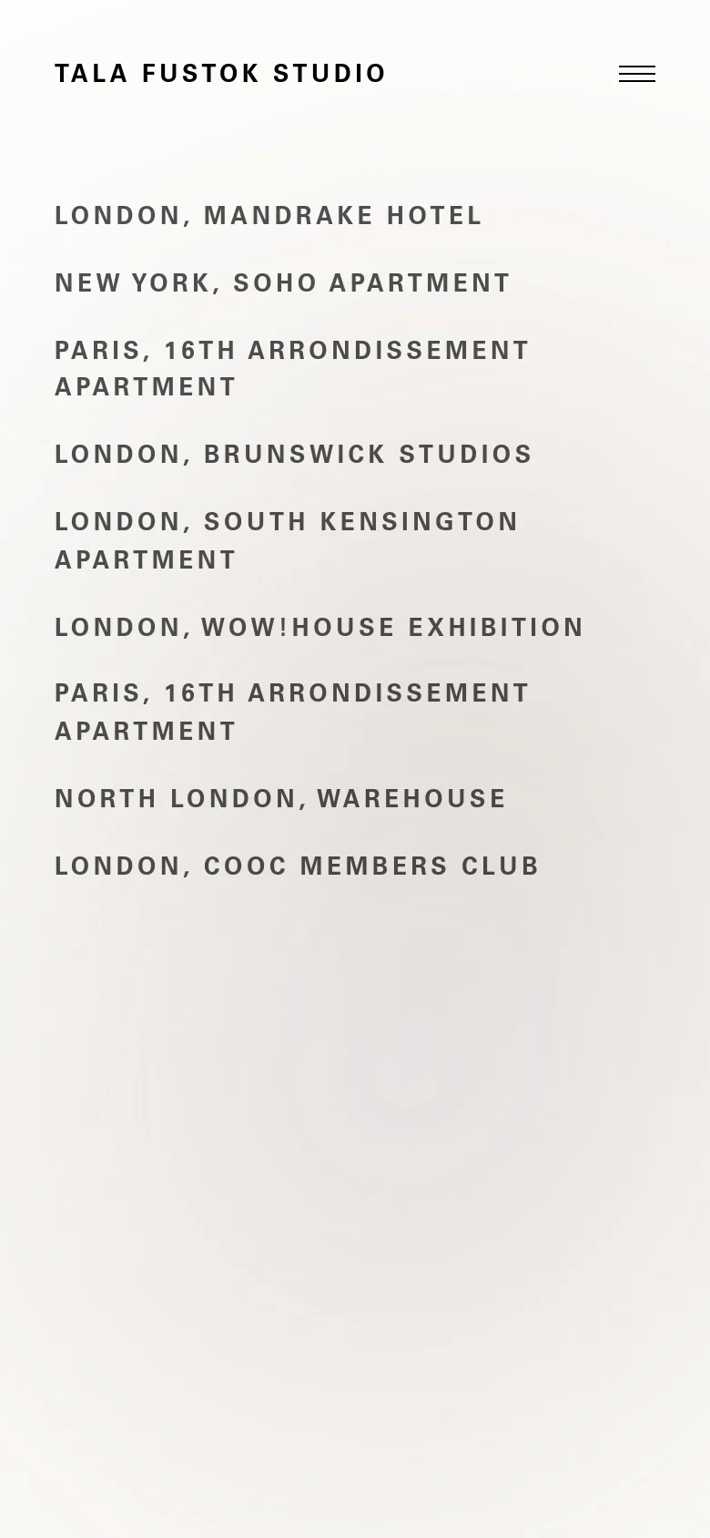 The mobile version maintains the minimalist aesthetic with a light background and black uppercase text. The studio name is centered at the top, replaced by a hamburger menu icon on the right, and the project list follows in a single-column vertical stack.