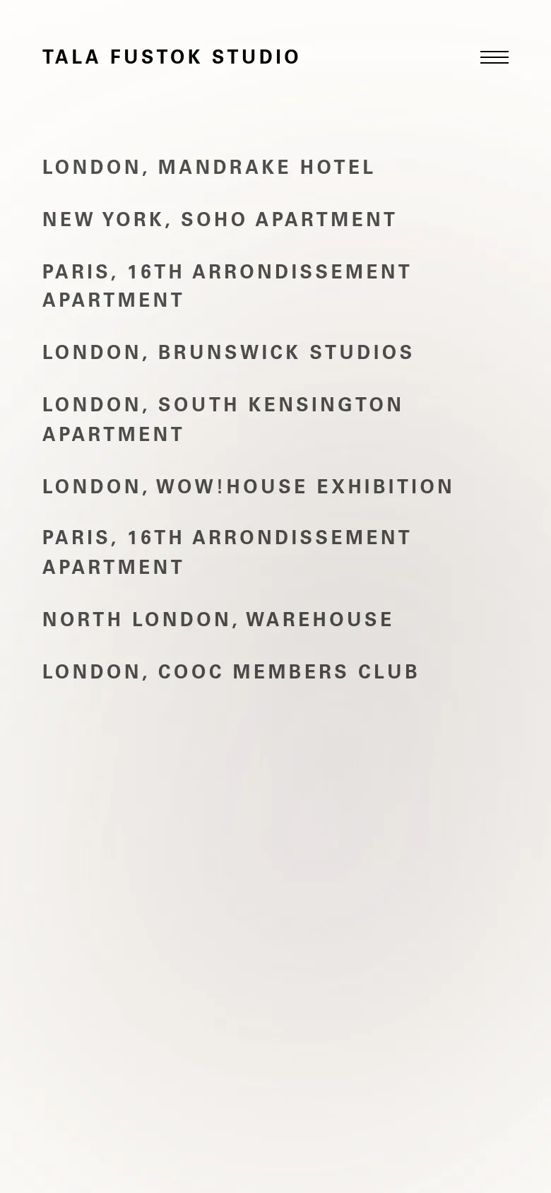 The mobile version maintains the minimalist aesthetic with a light background and black uppercase text. The studio name is centered at the top, replaced by a hamburger menu icon on the right, and the project list follows in a single-column vertical stack.