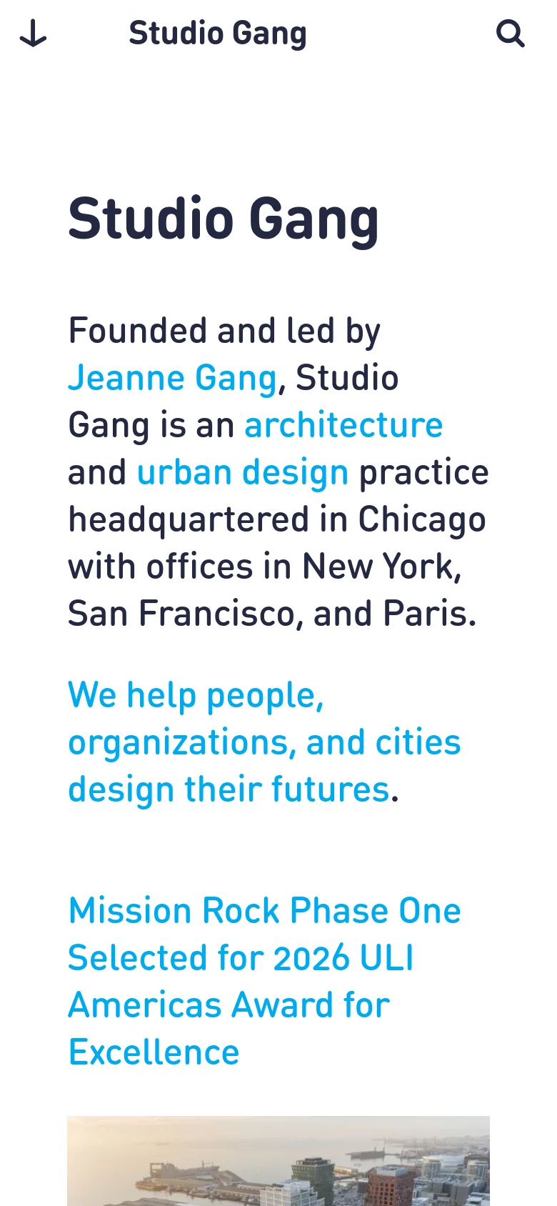 The mobile version uses a simplified vertical layout with a condensed header featuring a menu icon and search icon. The text is stacked vertically, with the 'Studio Gang' headline and mission statement appearing above a large news image and headline regarding the Mission Rock Phase One award.