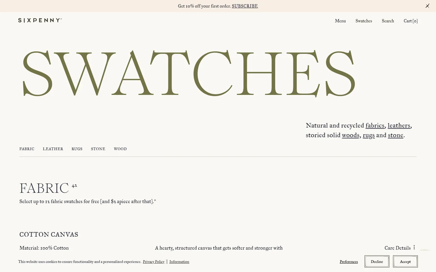 The desktop page features a minimalist design with a large, serif 'SWATCHES' headline in olive green against a cream background. Below the headline, a subheadline describes the materials, followed by a navigation menu for Fabric, Leather, Rugs, Stone, and Wood. The layout includes a section for 'FABRIC' with details on Cotton Canvas material and care instructions.