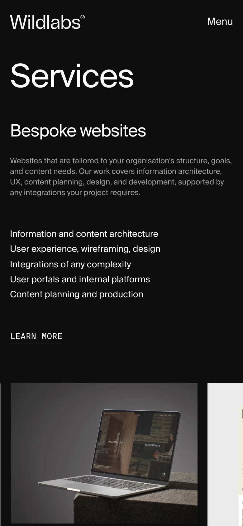 The mobile version uses a single-column vertical layout on a dark background. The 'Services' and 'Bespoke websites' headlines are followed by text and a bulleted list, with the MacBook mockup image appearing below the text. Navigation is condensed into a 'Menu' button at the top right.