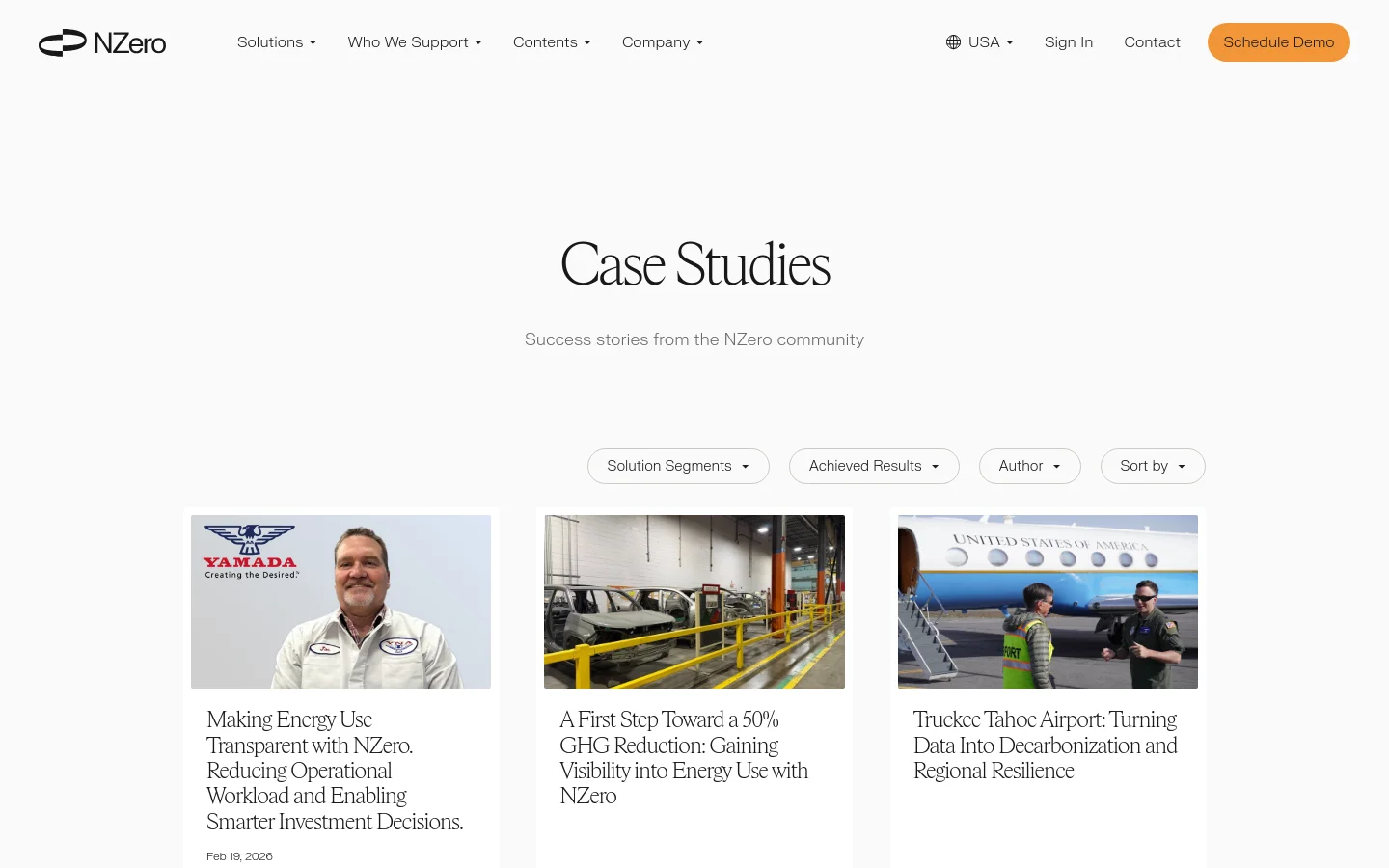 The Case Studies page features a clean, white background with a centered headline and subheadline. Below, a row of filter dropdown menus allows users to sort by Solution Segments, Achieved Results, Author, and Sort by. A grid of case study cards follows, each containing a large hero image, a descriptive title, a date, category tags, and a company logo.