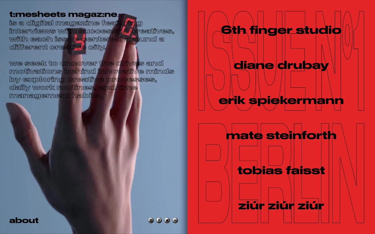 The desktop landing page for Timesheets Magazine: Berlin Edition features a split-screen layout. On the left, a blue-toned image shows a hand holding a small black object, overlaid with magazine description text. On the right, a bright red section displays large, outlined typography reading 'ISSUE NO1 BERLIN' with a list of featured names in black bold text.