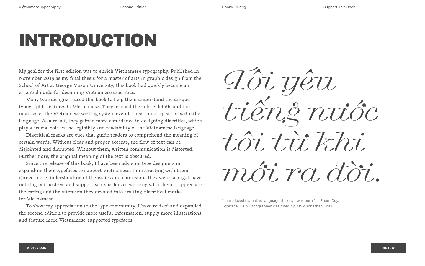 The desktop page features a minimalist layout with a large, bold 'INTRODUCTION' headline at the top left. The left side contains several paragraphs of text, while the right side displays large, elegant serif typography showing a Vietnamese quote. The color scheme is monochromatic, using black text on a white background, with navigation buttons at the bottom.