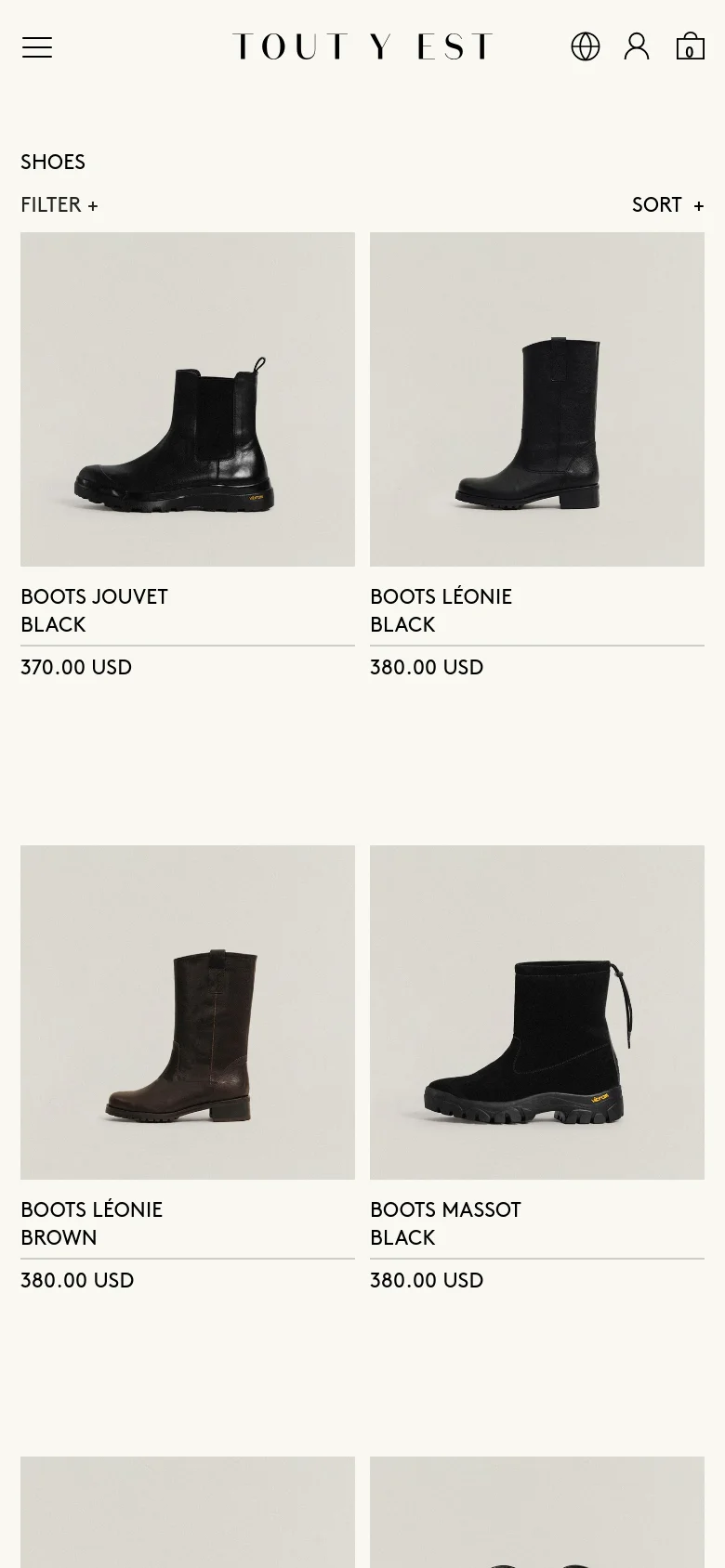 The mobile version presents a simplified layout with a hamburger menu icon, the brand logo, a language selector, a user profile icon, and a shopping bag icon at the top. The product grid shifts to a two-column layout, displaying images of boots with their names, colors, and prices in a vertical stack.
