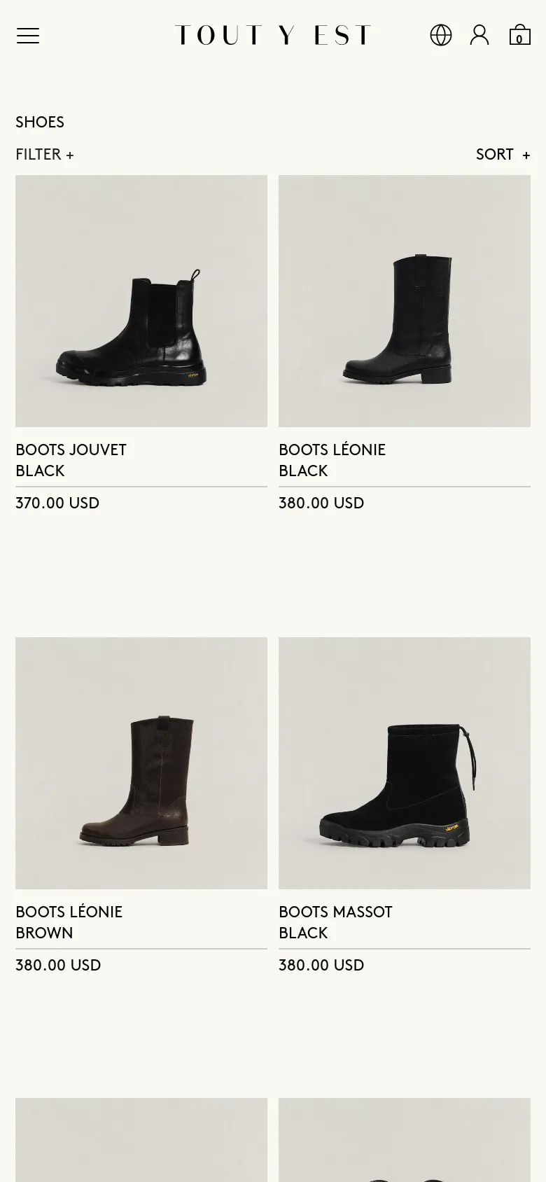 The mobile version presents a simplified layout with a hamburger menu icon, the brand logo, a language selector, a user profile icon, and a shopping bag icon at the top. The product grid shifts to a two-column layout, displaying images of boots with their names, colors, and prices in a vertical stack.
