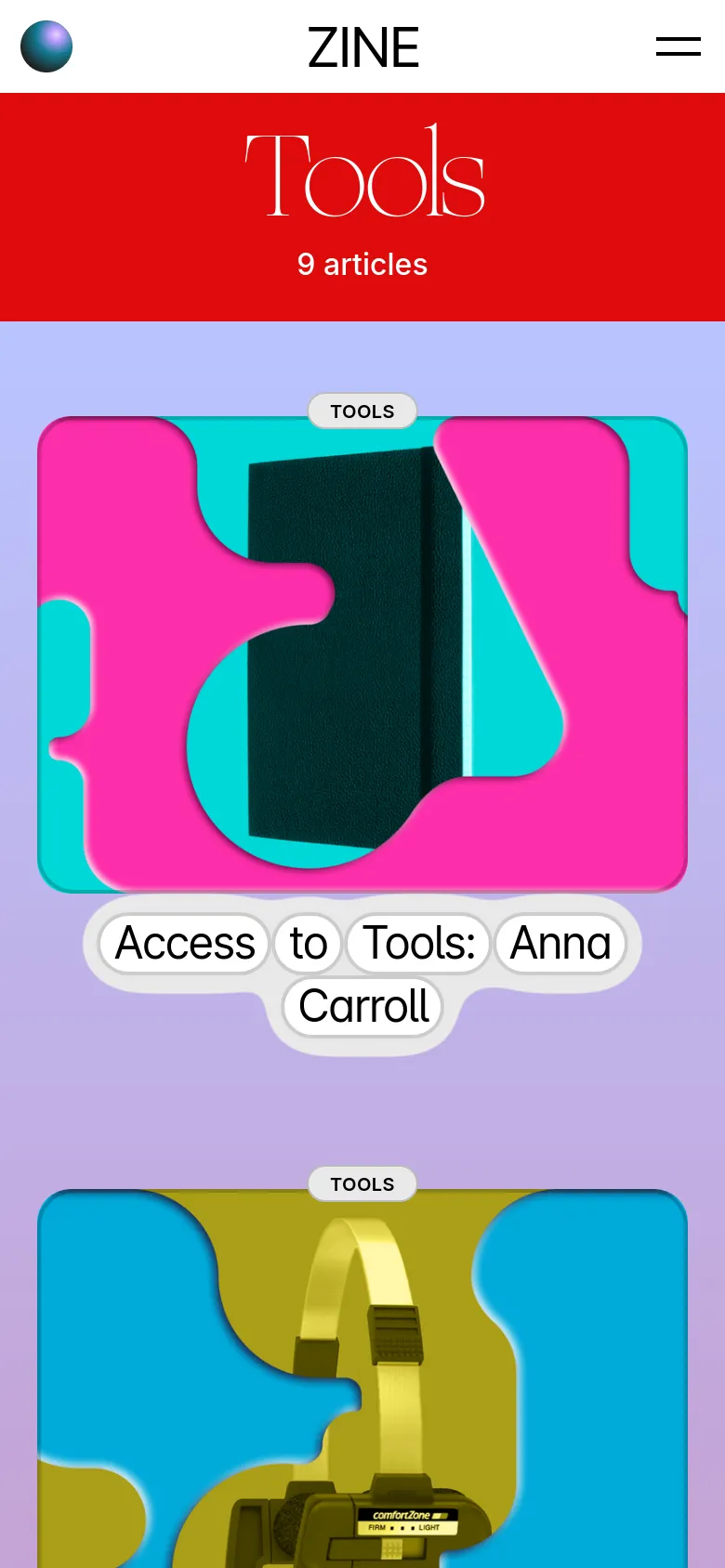 The mobile view shows a vertical stack of large, colorful article cards on a light purple background. The red header is condensed, displaying 'Tools' and '9 articles' centered, and the navigation menu is replaced by a hamburger icon.