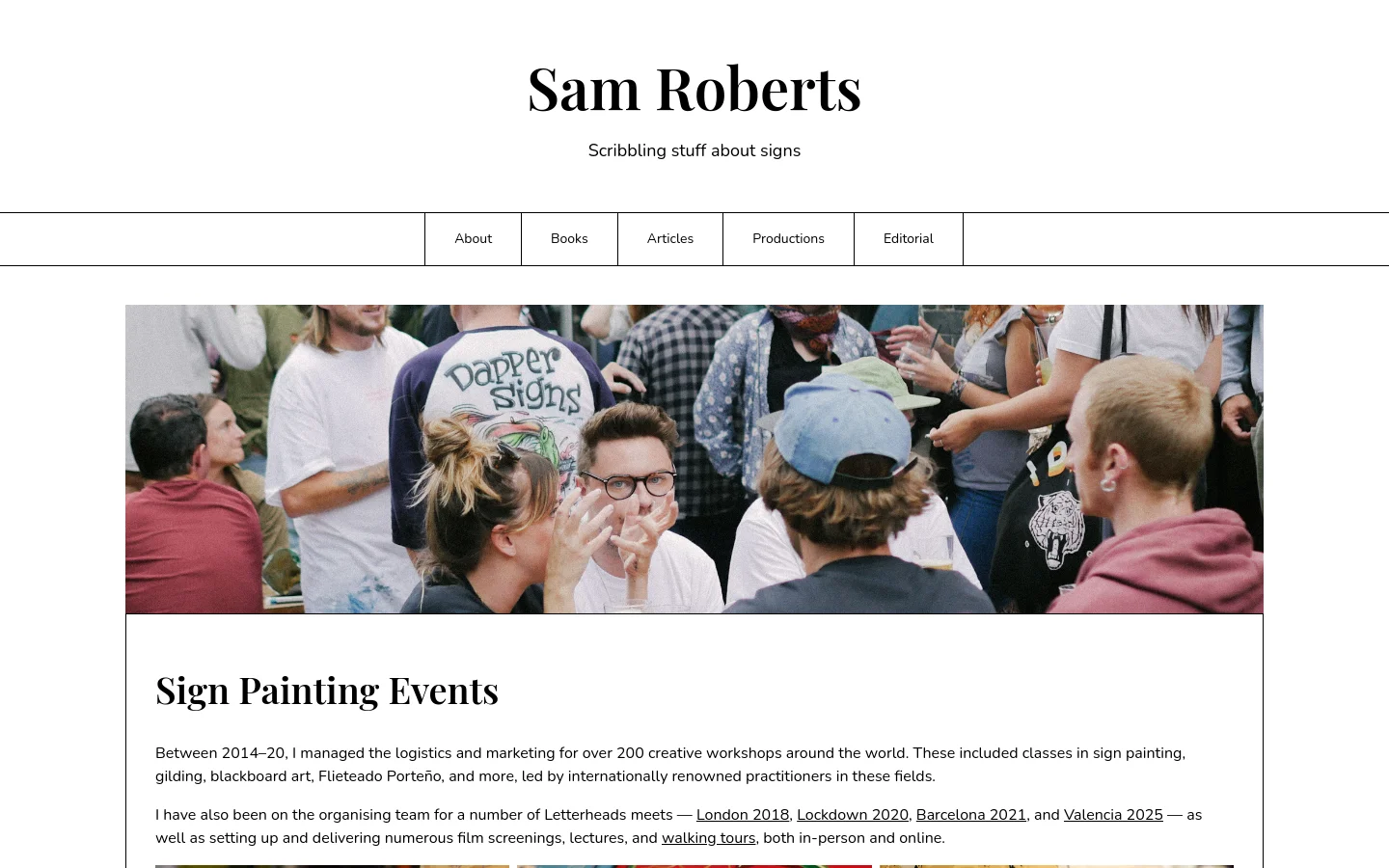 The desktop page features a large hero image of a group of people gathered around a table, followed by the headline 'Sign Painting Events' and several paragraphs of text. Below the text is a grid of various workshop and event photographs. The design is minimalist with black text on a white background and a centered navigation menu.