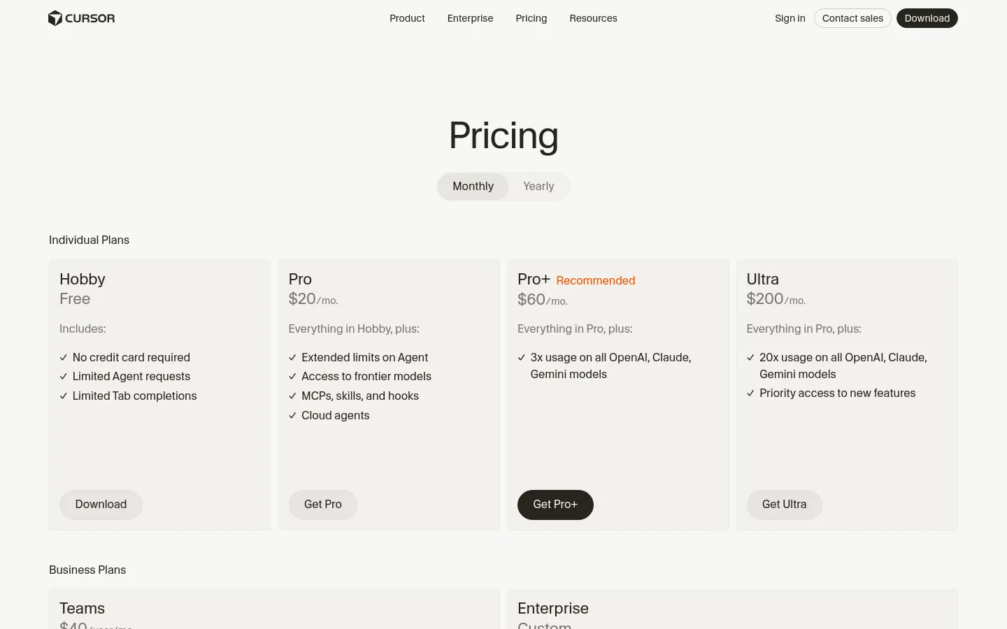 The desktop pricing page features a clean, minimalist white layout with a large 'Pricing' headline and a toggle switch for Monthly or Yearly billing. Three individual plan cards—Hobby (Free), Pro ($20/mo.), and Pro+ ($60/mo.)—are displayed side-by-side, each listing features with checkmarks and a primary call-to-action button. The top navigation bar includes links for Product, Enterprise, Pricing, and Resources, alongside Sign In and Download buttons.