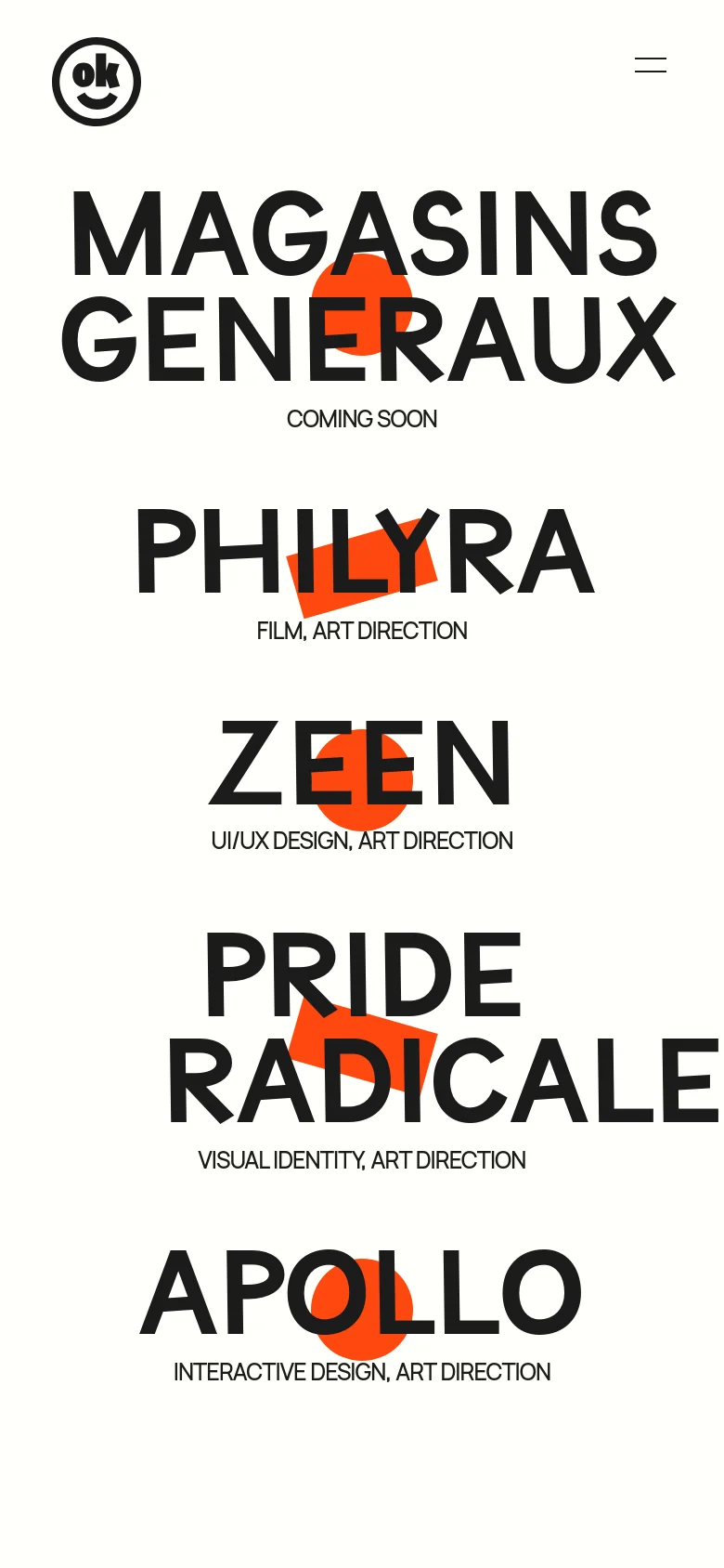 The mobile version presents a simplified vertical layout with a centered black logo and a hamburger menu icon at the top. The project titles are displayed in large, bold black typography stacked vertically, with orange circular graphic elements overlaid behind some of the text. The background remains a clean, solid white.