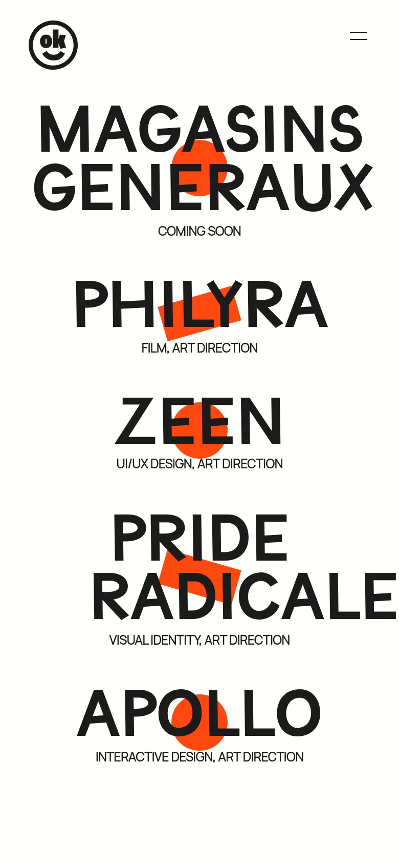 The mobile version presents a simplified vertical layout with a centered black logo and a hamburger menu icon at the top. The project titles are displayed in large, bold black typography stacked vertically, with orange circular graphic elements overlaid behind some of the text. The background remains a clean, solid white.