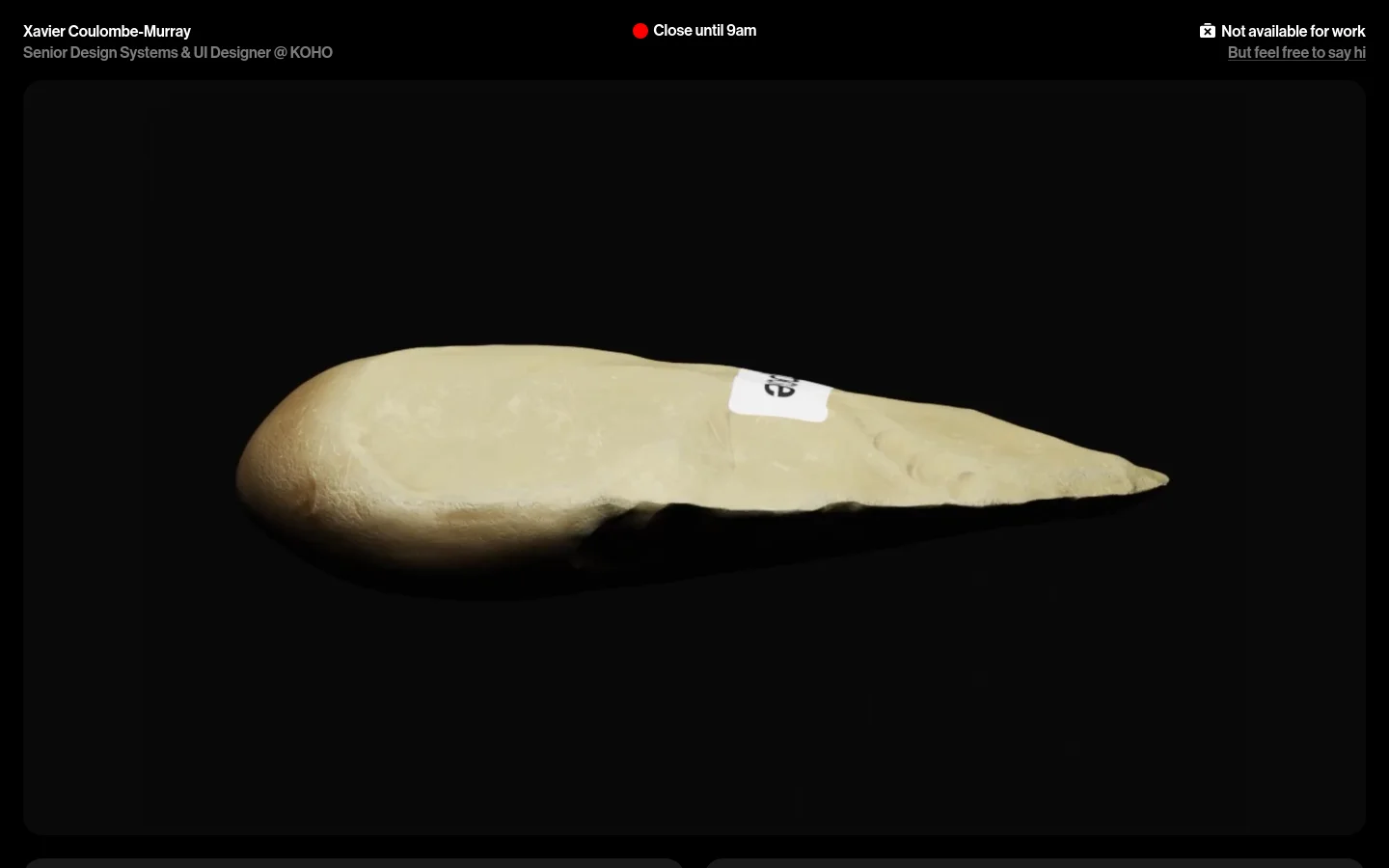 A minimalist dark-themed homepage for Xavier Coulombe-Murray featuring a large, central 3D-style image of a prehistoric stone tool against a black background. The top navigation includes the name, professional title, a status indicator showing 'Close until 9am', and a note regarding work availability. A bottom card highlights a web project titled 'General Purpose' with a 'Visit' call to action.