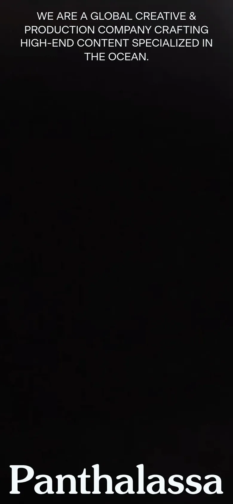 The mobile version presents a simplified, vertical layout with a dark background and centered white text. The hero section displays the company mission statement and the 'Panthalassa' logo prominently, while the large-scale video tiles from the desktop version are stacked vertically for easier scrolling on a smaller screen.