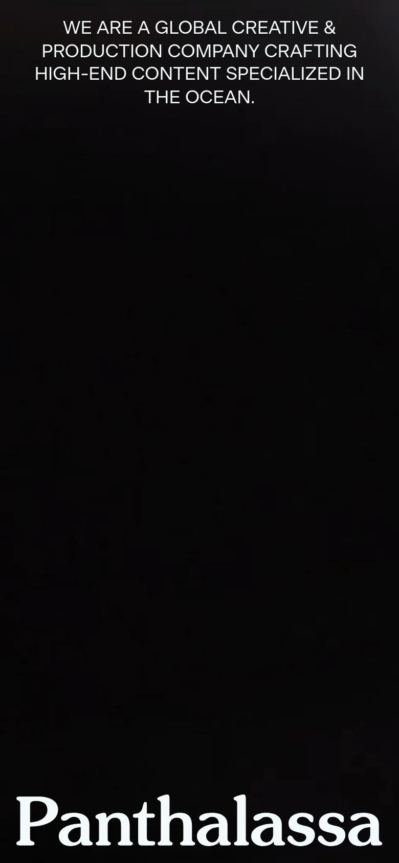 The mobile version presents a simplified, vertical layout with a dark background and centered white text. The hero section displays the company mission statement and the 'Panthalassa' logo prominently, while the large-scale video tiles from the desktop version are stacked vertically for easier scrolling on a smaller screen.