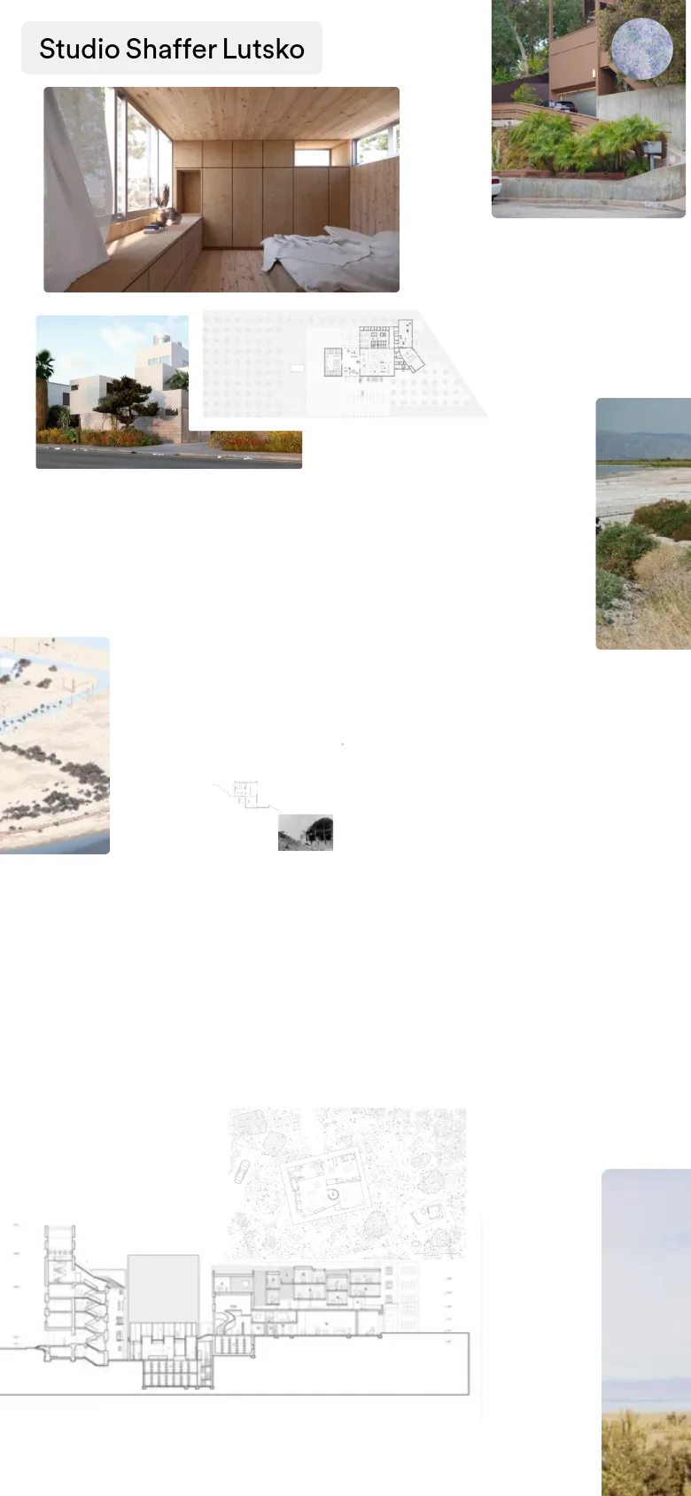 The mobile version maintains the minimalist white aesthetic but reorganizes the content into a single-column vertical scroll. The navigation links are positioned at the top, followed by large, full-width architectural images and diagrams that stack vertically for easier viewing on a small screen.