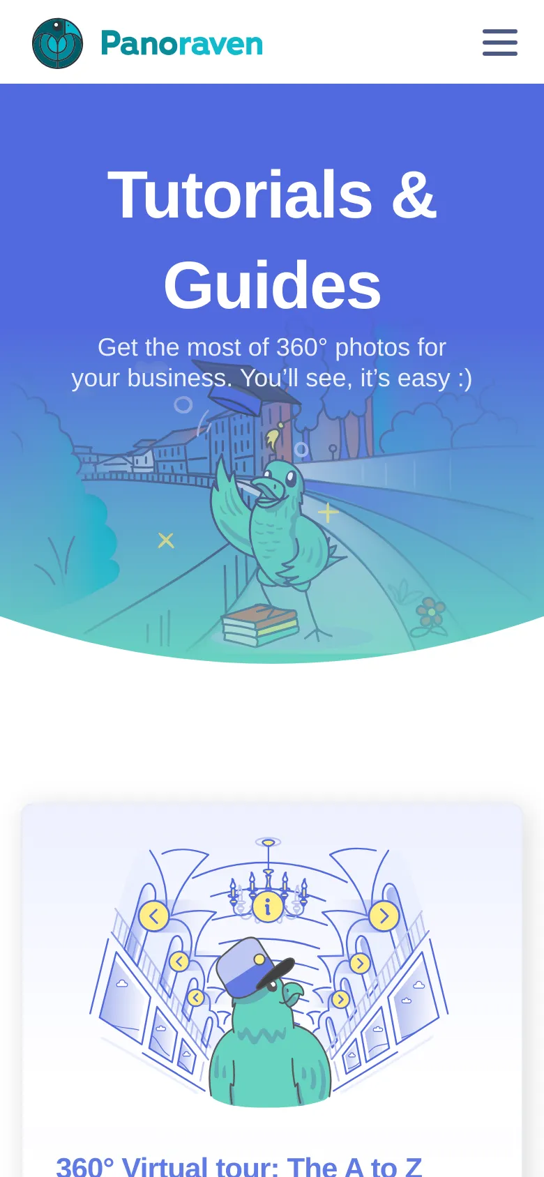 The mobile version displays a simplified header with the Panoraven logo and a hamburger menu icon on a white background. The hero section remains a large blue area with the 'Tutorials & Guides' headline and bird illustration, but the layout shifts to a single-column view for the tutorial content cards below.