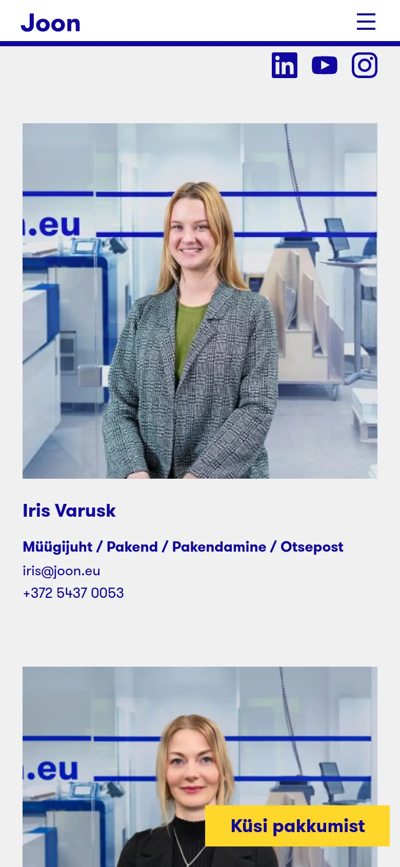 The mobile version shows a simplified vertical layout with the Joon logo and a hamburger menu at the top. Team member profiles, including their photos and contact details, are stacked vertically for easy scrolling, and a prominent yellow 'Küsi pakkumist' call-to-action button is visible.