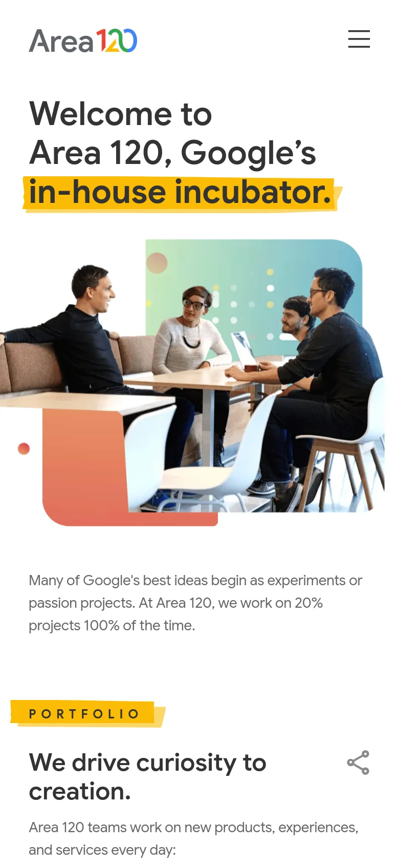 The mobile version uses a stacked layout with the Area 120 logo and a hamburger menu icon at the top. The headline 'Welcome to Area 120, Google’s in-house incubator' appears prominently above a hero image of a team working around a table. Below the image, the introductory text and a 'Portfolio' button are displayed in a single-column format.