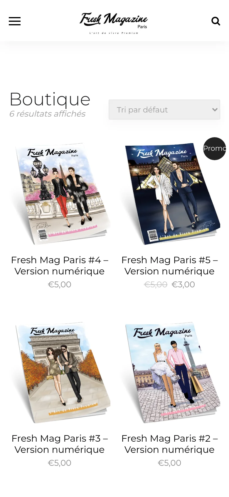 The mobile version simplifies the layout with a hamburger menu icon and a search icon in the header. The 'Boutique' heading and sorting dropdown are stacked vertically above a two-column grid of magazine covers. The magazine covers and their corresponding titles and prices are scaled down to fit the narrow screen width.