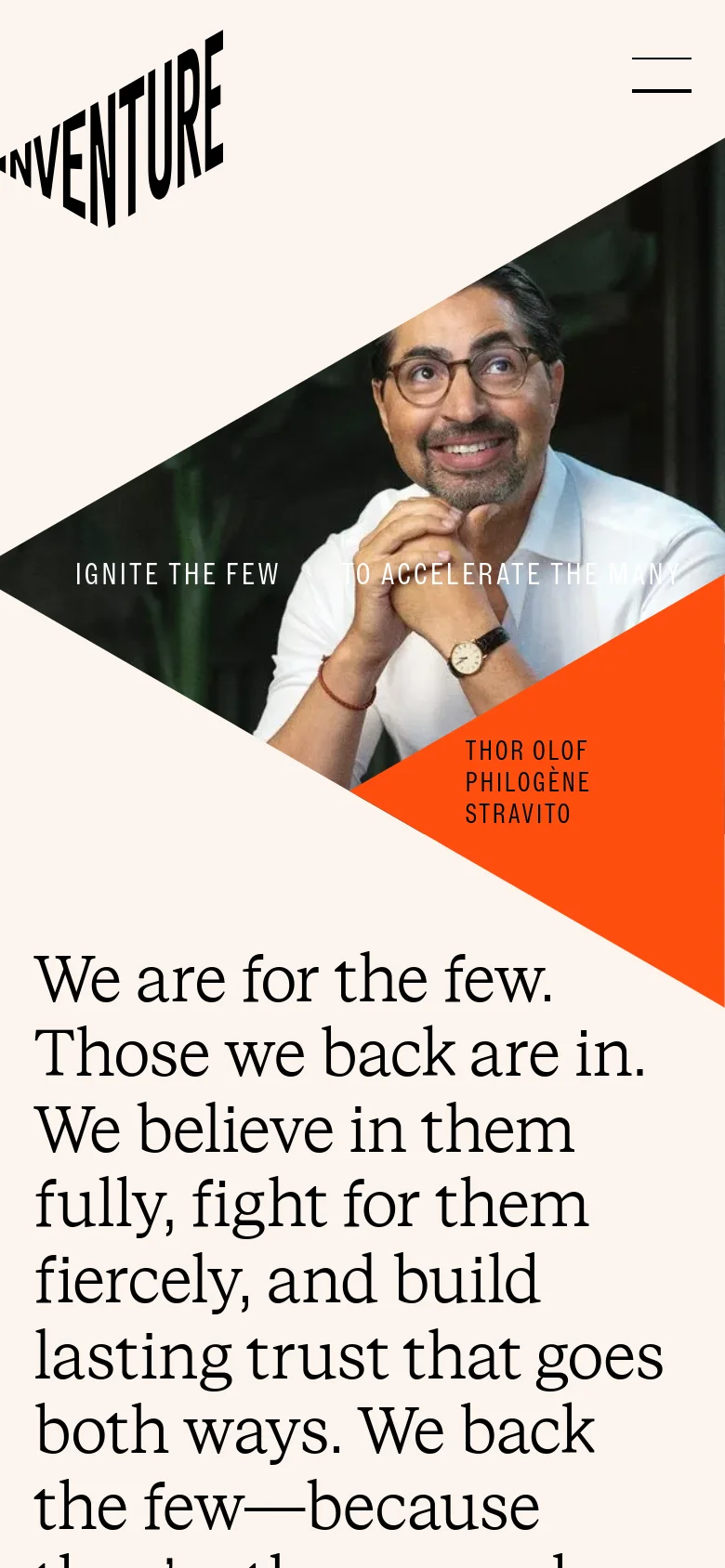 The mobile version presents a vertically stacked layout, starting with the 'INVENTURE' logo and a hamburger menu icon at the top. The hero image of the man is contained within a large triangular shape, followed by the headline and a large block of serif text on a cream background.
