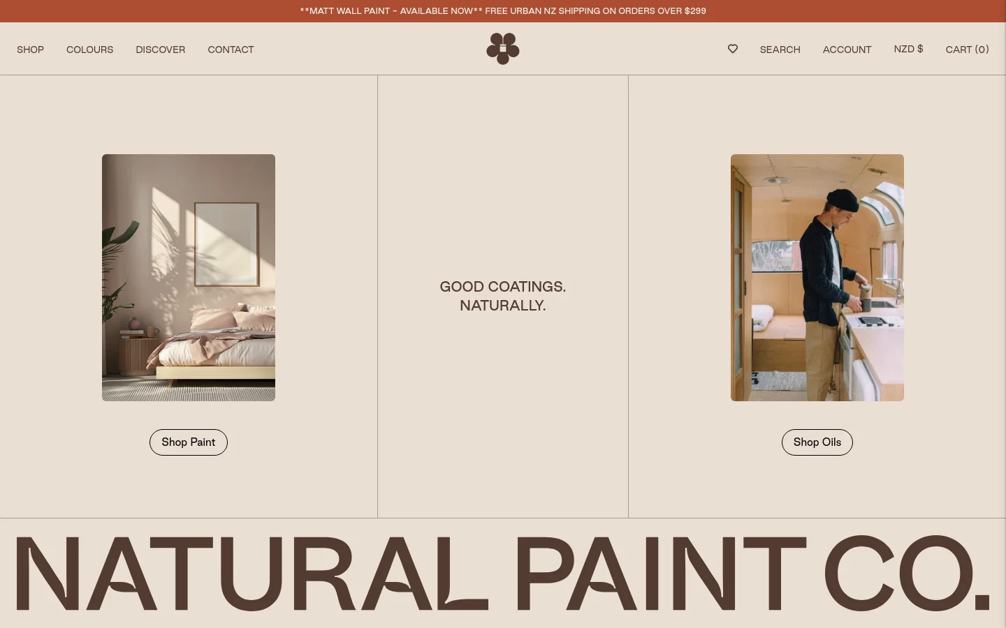 The desktop homepage features a minimalist, earthy design with a cream background and large brown typography. A split hero section displays two lifestyle images: a serene bedroom on the left with a 'Shop Paint' button, and a person working in a wooden interior on the right with a 'Shop Oils' button, centered by the headline 'GOOD COATINGS. NATURALLY.'