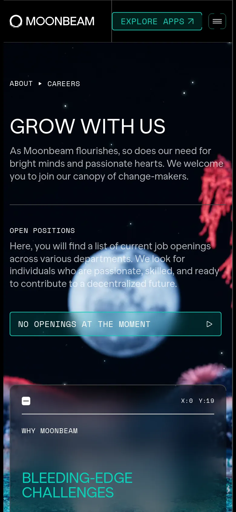 The mobile version uses a vertical stack, placing the 'GROW WITH US' headline and description at the top, followed by the 'OPEN POSITIONS' section. The cosmic background imagery is condensed and appears behind the text elements, and the navigation menu is collapsed into a hamburger icon.