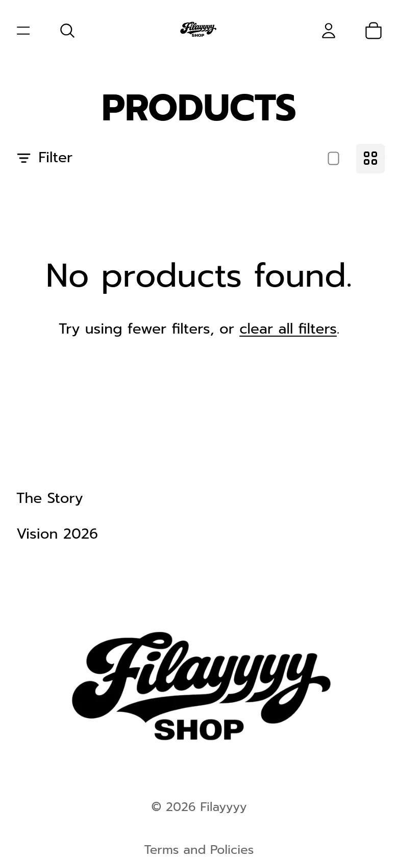 The mobile version simplifies the layout, centering the large 'PRODUCTS' headline and the 'No products found.' message. The filter option is represented by a hamburger-style icon with text, and the grid view icon is positioned to the right. The footer remains clean with the brand logo and copyright information at the bottom.