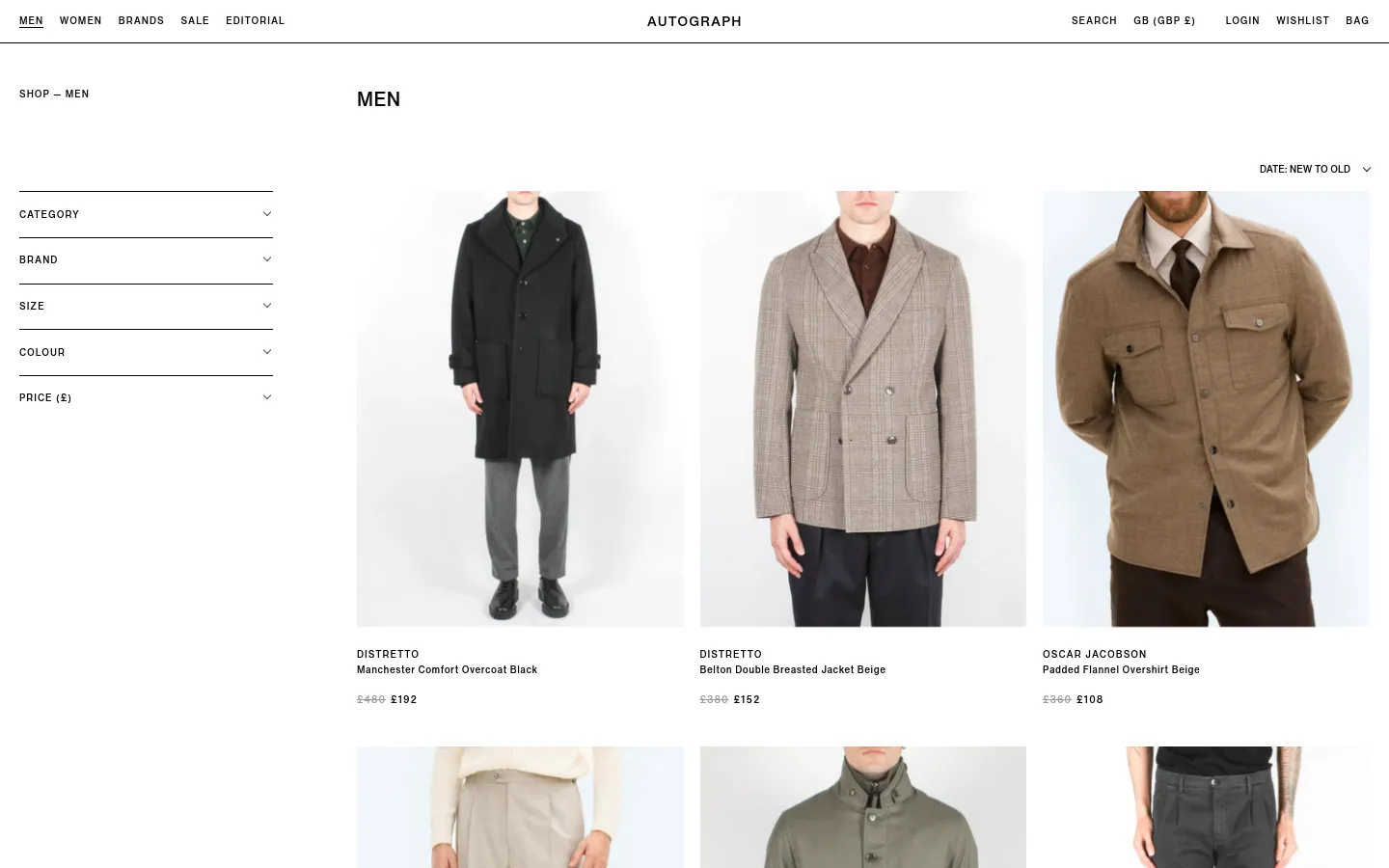 The desktop view shows a men's fashion collection page with a minimalist white background and black text. A left-hand sidebar contains various filtering options including Category, Brand, Size, Colour, and Price. The main content area displays a grid of product images featuring men's outerwear and clothing with brand names, product titles, and sale prices listed underneath.