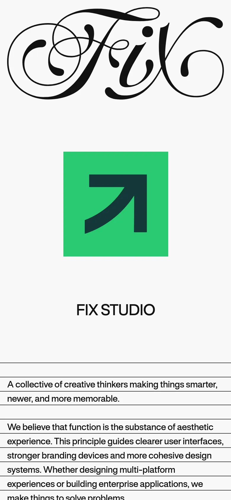 The mobile version presents a simplified, vertically stacked layout optimized for small screens. The navigation is condensed, and the large text sections and image galleries are scaled down to fit a single column, maintaining the high-contrast black and white aesthetic and minimalist feel.