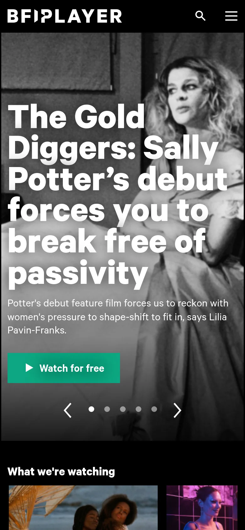 The mobile version presents a vertically stacked layout, focusing on the large black and white hero image and the bold white headline. The 'Watch for free' teal button is prominently centered, and the top navigation is replaced by a search icon and a hamburger menu icon for a streamlined interface.