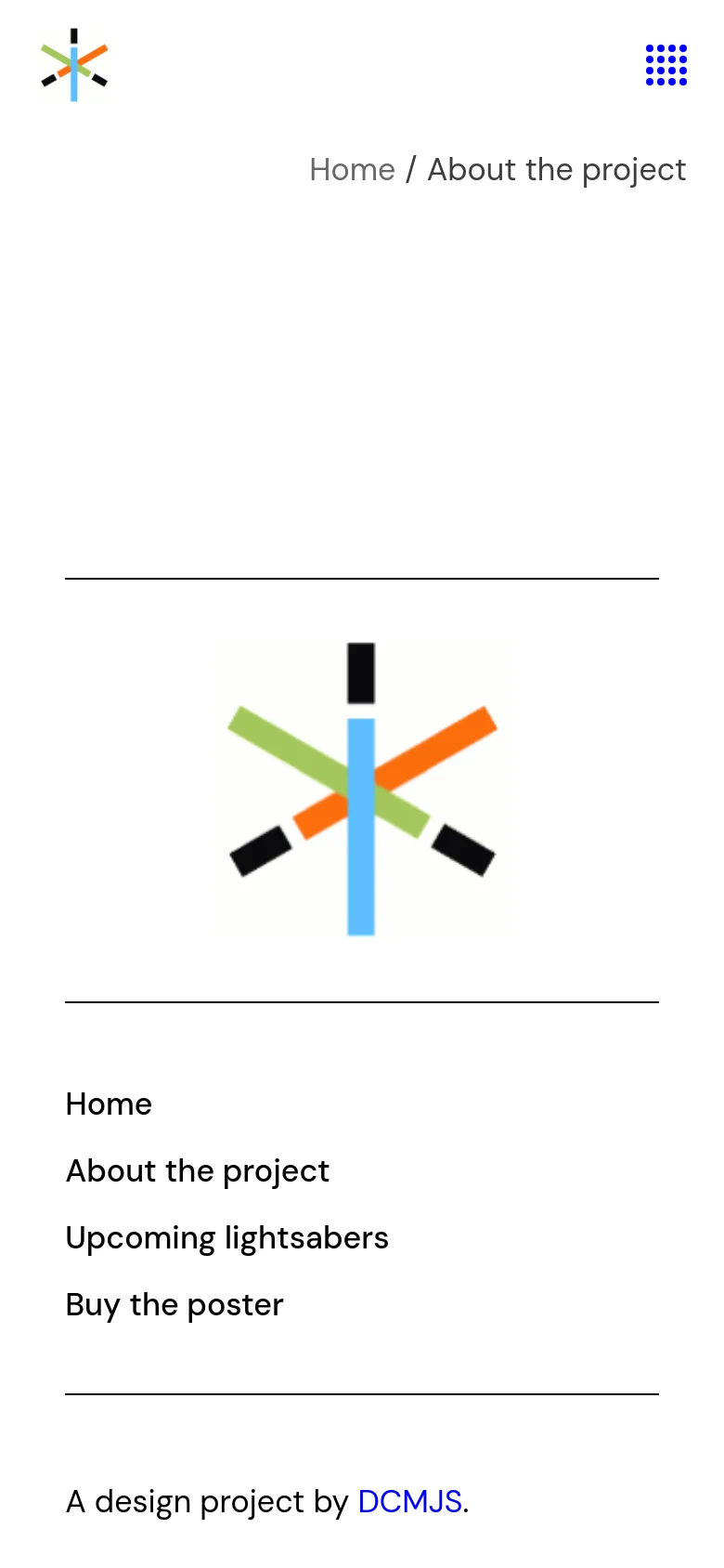 The mobile version maintains the minimalist white aesthetic but uses a simplified layout with the starburst logo and menu grid at the top. The content is stacked vertically, showing the breadcrumb navigation 'Home / About the project' followed by the main text and large, centered lightsaber illustrations. The footer links are also presented in a single-column vertical list.