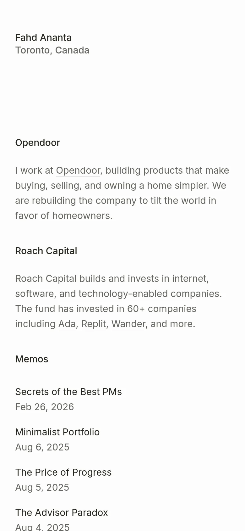 A mobile version of the minimalist website with a single-column vertical layout. The text is left-aligned and scaled for a narrow screen, displaying the same sections: personal name and location, Opendoor, Roach Capital, and a list of recent memos.