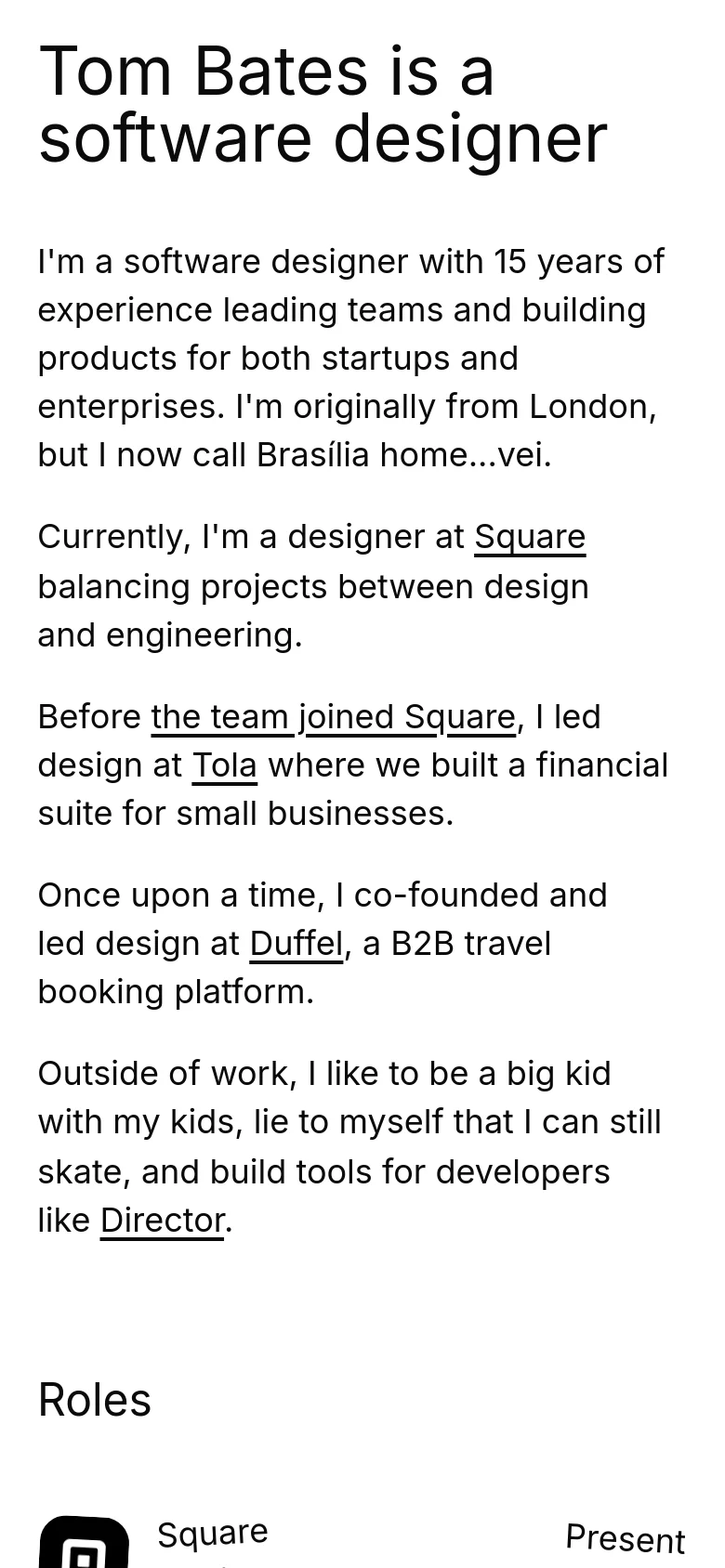 The mobile version maintains the minimalist white and black aesthetic but uses a single-column layout. The headline is larger and more prominent, and the text is reflowed to fit the narrow screen width for easier vertical scrolling.
